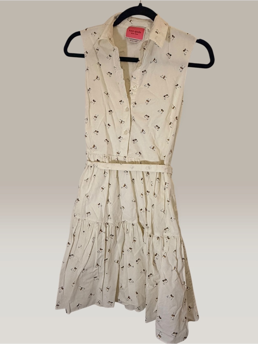 (Size XS) Kate Spade New York Bumblebee Print Sleeveless Tiered Shirt Dress